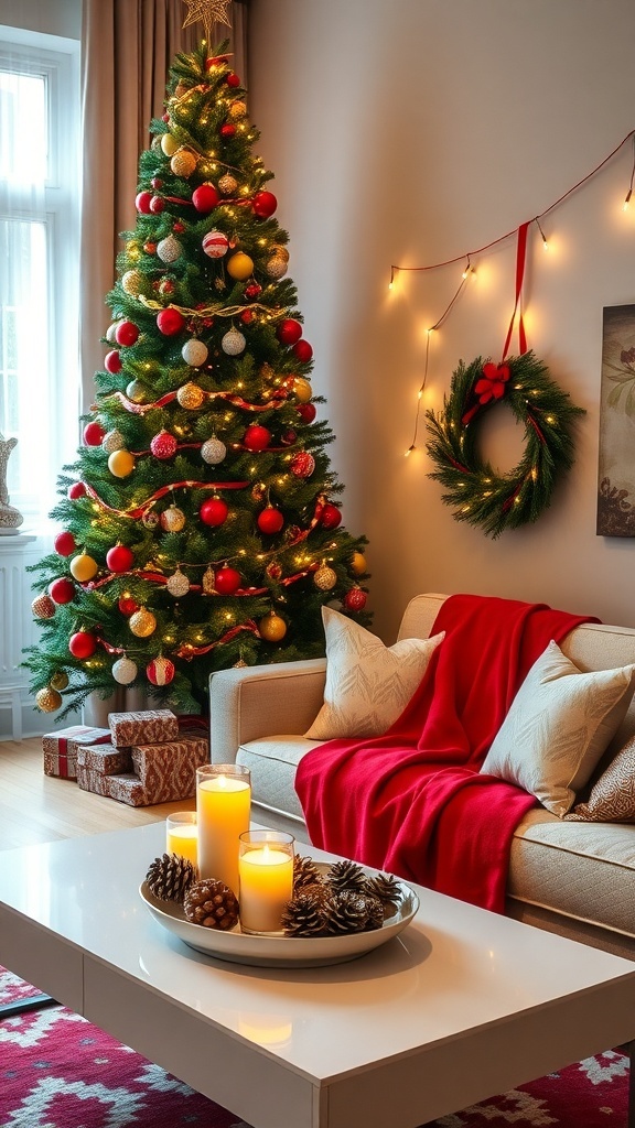 Festive Christmas Decor Ideas for Your Living Room A festive living room decorated for Christmas with a tree, cozy sofa, and holiday accents.